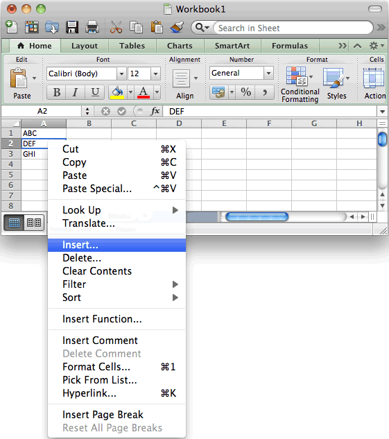 insert a line break in a mac for excel cell